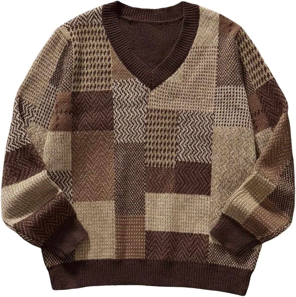 

SHENHE мужской свитер в клетку с цветными блоками, длинный рукав, V-образный вырез, винтажный