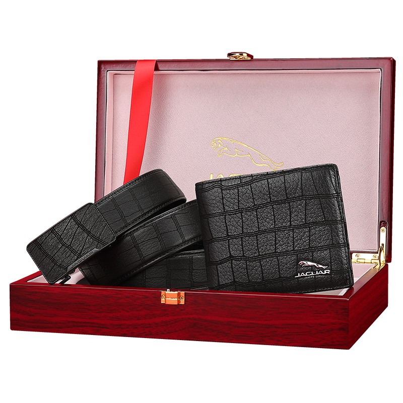 

JAGUAR Кожаный ремень мужской черный из оленьей кожи с кошельком, Black - deerskin belt + deerskin wallet set