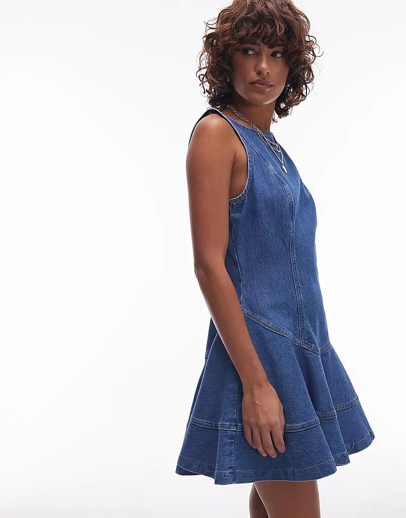 

Джинсовое платье Topshop с вырезом-лодочкой и заниженной талией, средне-синего цвета