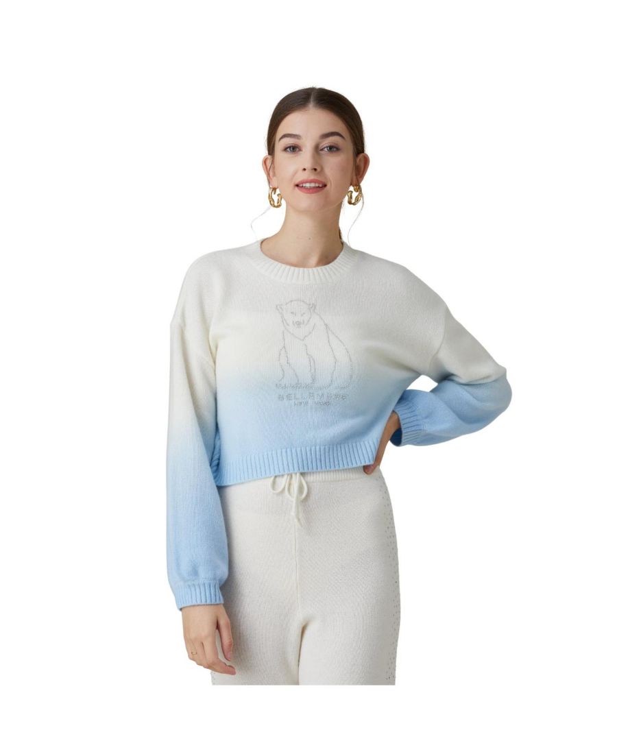 

Женский укороченный кашемировый свитер с изображением полярного медведя (с кристаллами) Bellemere New York, Blue / white