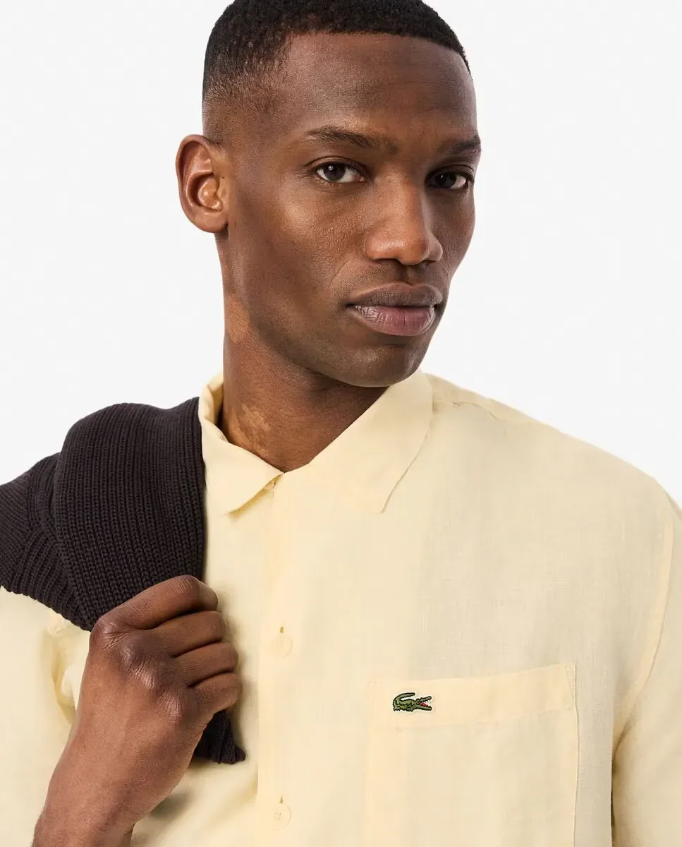 Мужская рубашка свободного кроя из льна с короткими рукавами Lacoste, бежевый — фото 3