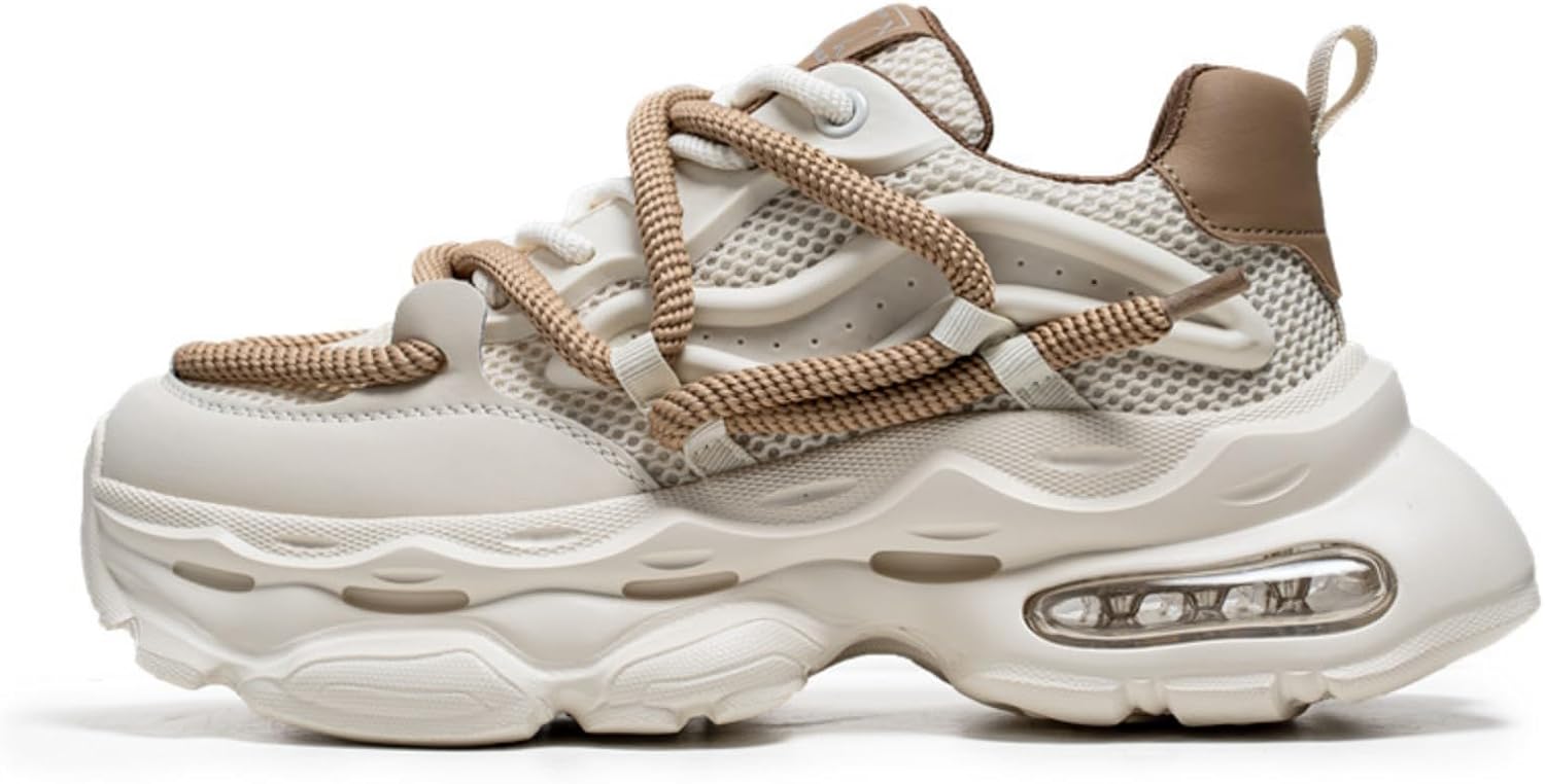 

Мужские модные дышащие сетчатые кроссовки с воздушной подушкой, кожаной шнуровкой и массивной платформой, повседневные, нескользящие, с круглым носком, для вождения, ходьбы, тенниса, бега, в стиле «папиных кроссовок» Netehadi, бежевый