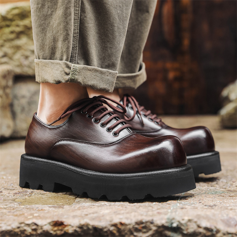 WEISHIBANGWEI Мужские повседневные кожаные туфли Casual Leather Shoes - коричневые, увеличивающие рост, цвет Brown Height Increasing — фото 4