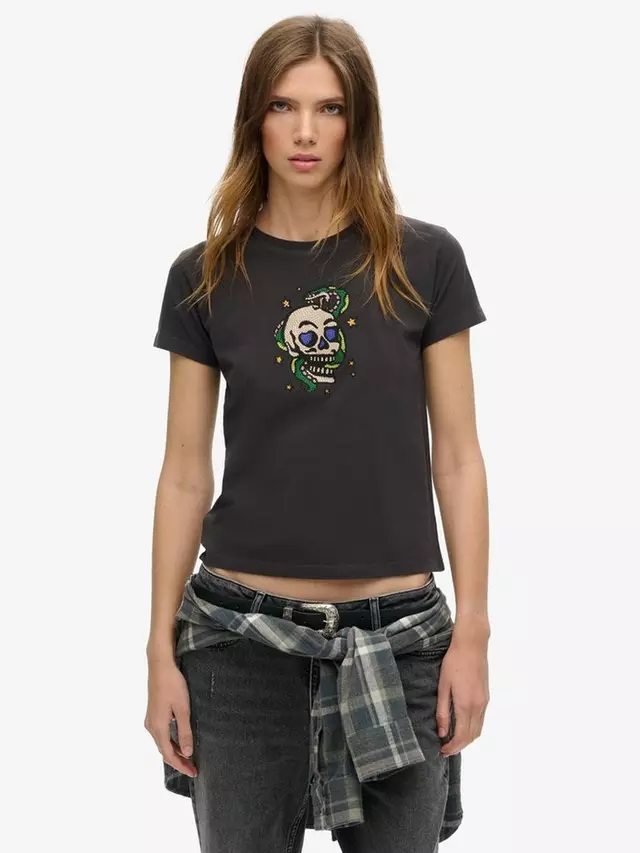 

Футболка Superdry Tattoo Rhinestone Organic Cotton, цвет bison black