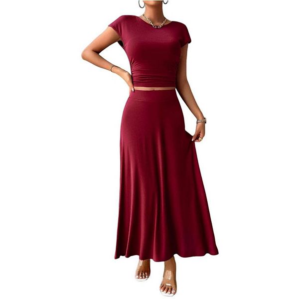 

Женский комплект из топа и юбки с коротким рукавом и расклешенной миди-юбкой на резинке Yesfashion, Wine Red