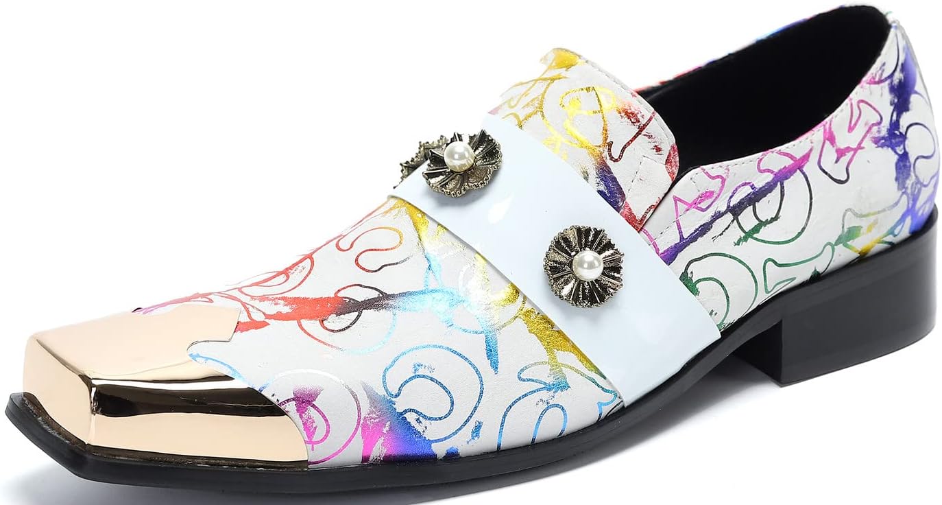 

Мужские лоферы Santimon, повседневные туфли слипоны, из натуральной кожи, мокасины, металлический квадратный носок с узором, лоферы с монеткой, свадебные туфли, для вечеринки, диско, вестерн, ковбойские, бальные, выпускные, белый