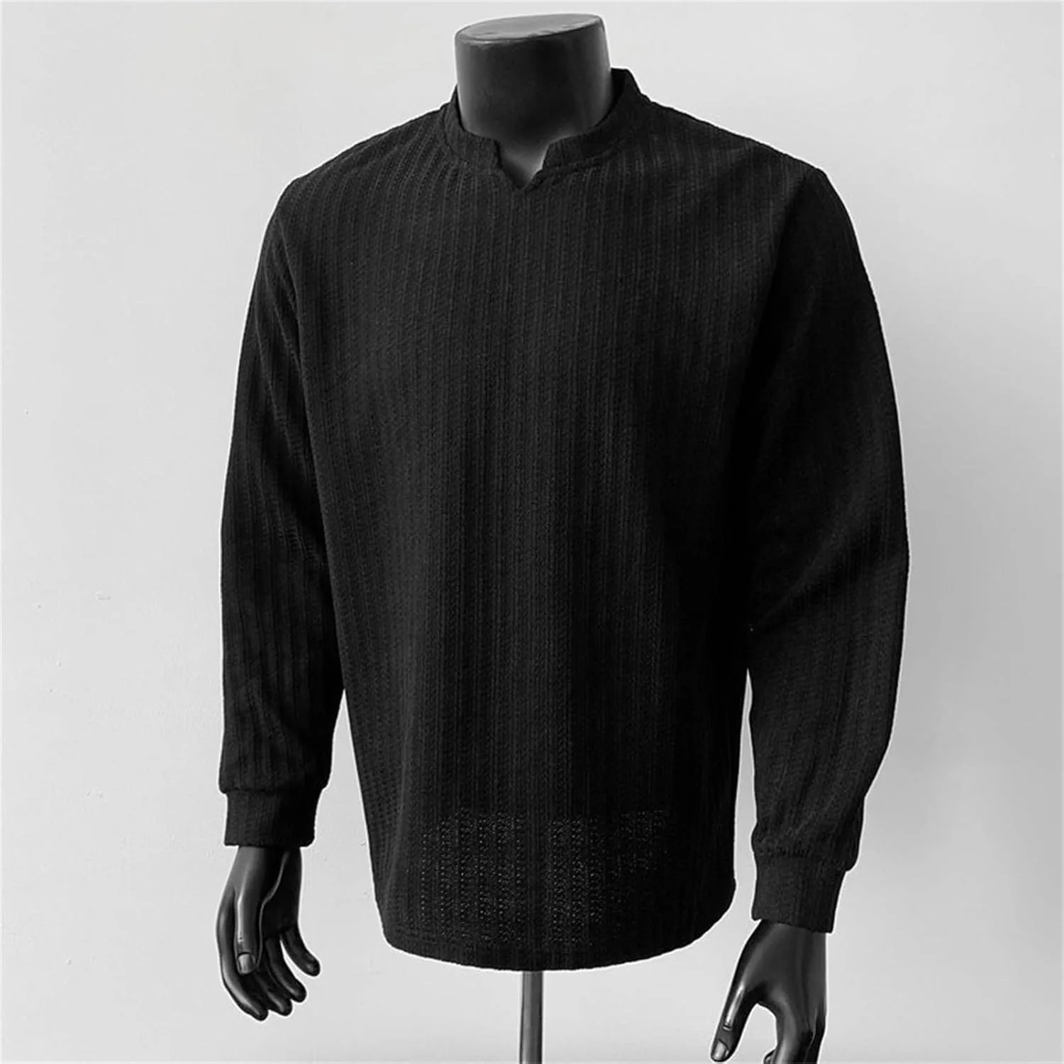 Футболка с длинным рукавом для мужчин Ribbed Textured Casual Stretch Pullover Shirt — фото 3