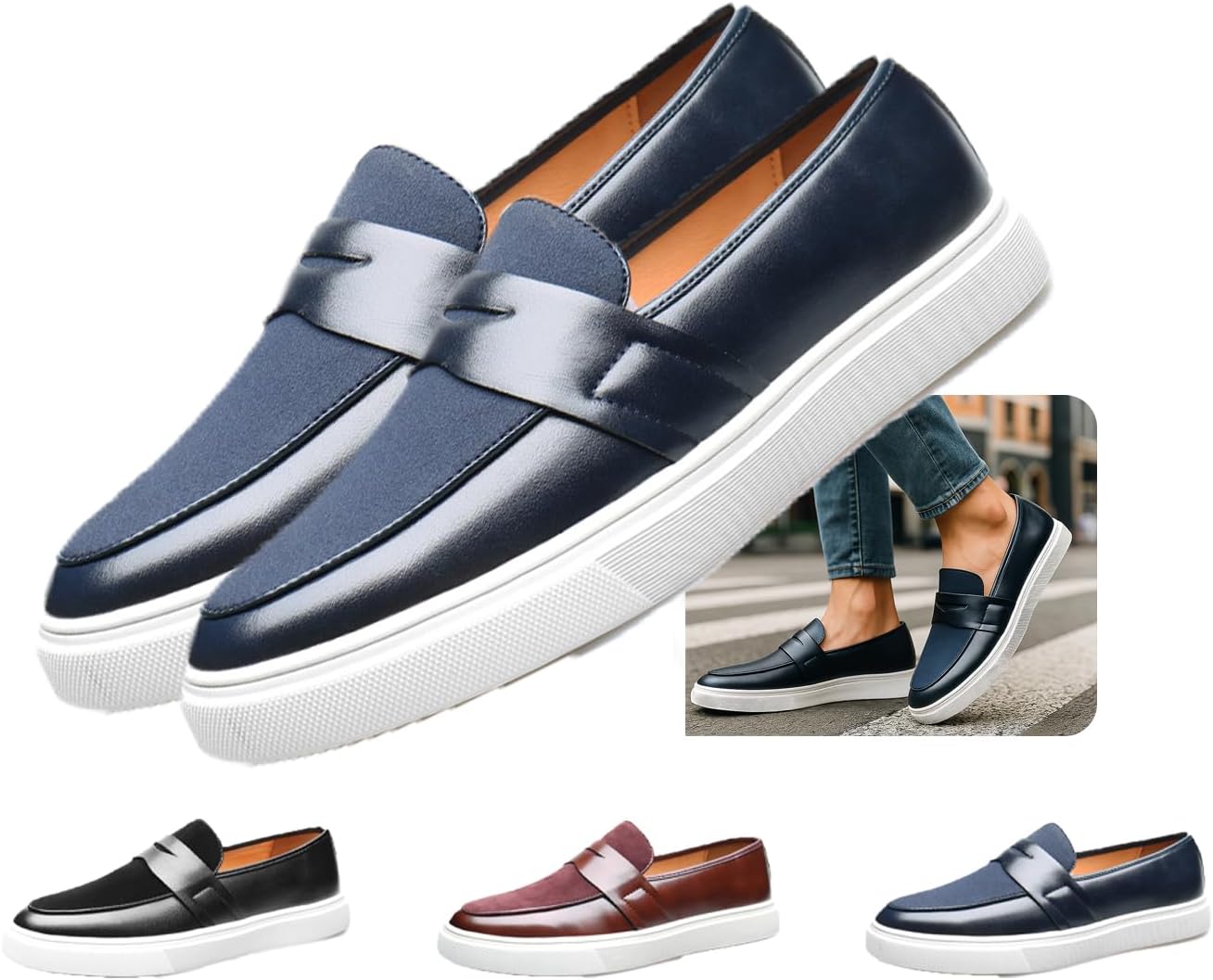 

Мужские слипоны из замшевой кожи - легкие повседневные туфли с круглым носком и металлической пряжкой, удобные для вождения и ходьбы, слиперы Penny Generic, Blue-a