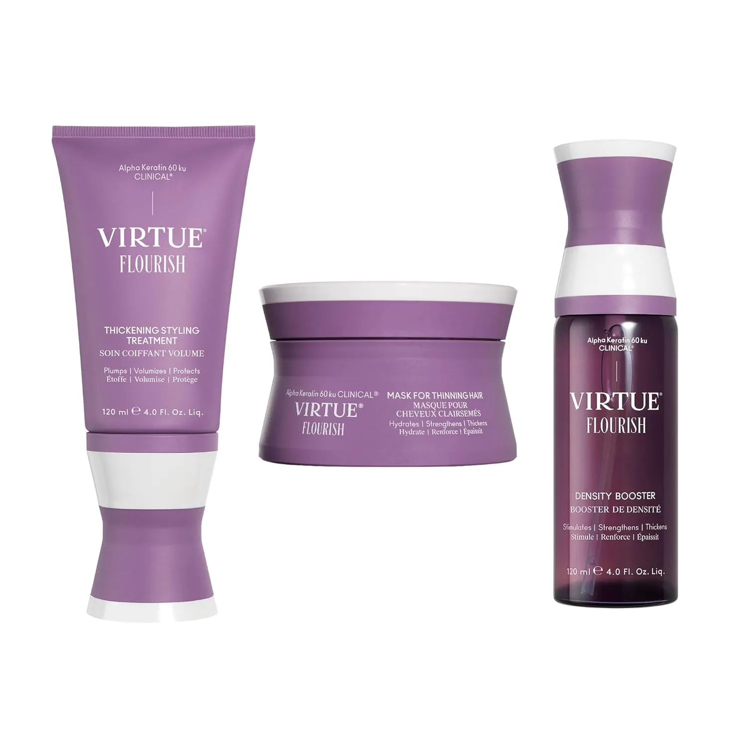 Набор Virtue Flourish Hair Thickening Essentials Bundle, включающий средство для придания густоты, средство для укладки, придающее объем, и маску для волос.