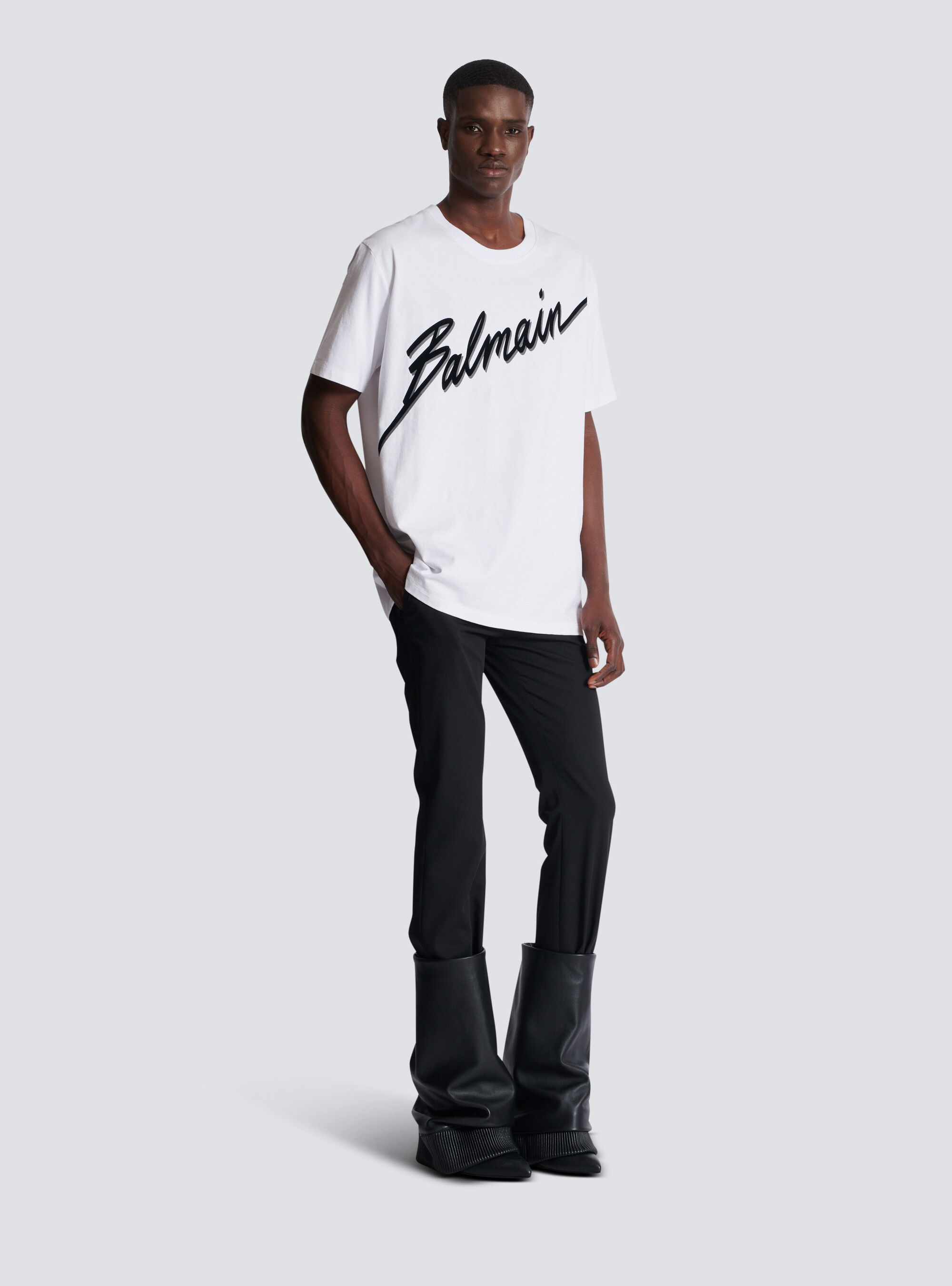 Футболка с флокированным логотипом Balmain Letter, белый/красный — фото 3