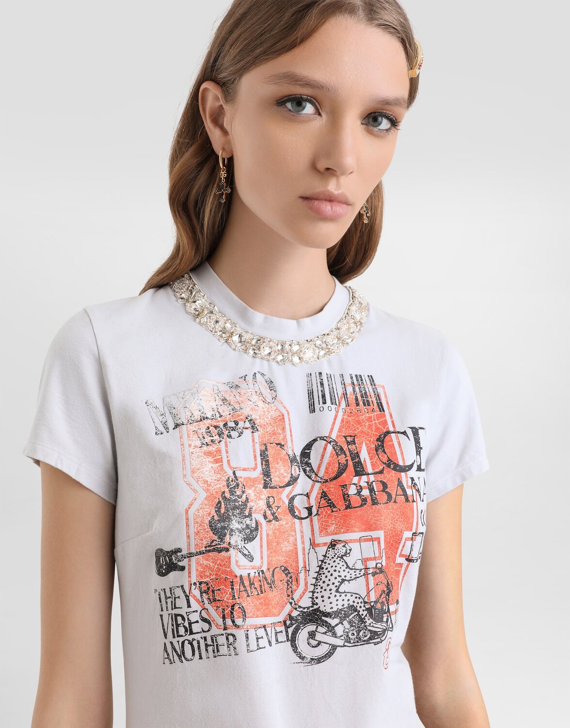 Футболка из джерси с принтом и кристаллами DOLCE & GABBANA, серый — фото 2