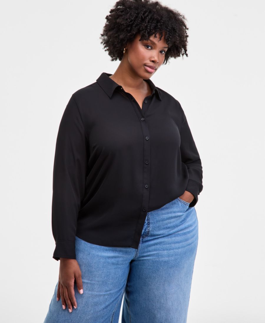 

Стильная однотонная блузка большого размера с воротником на пуговицах On 34th, Deep Black