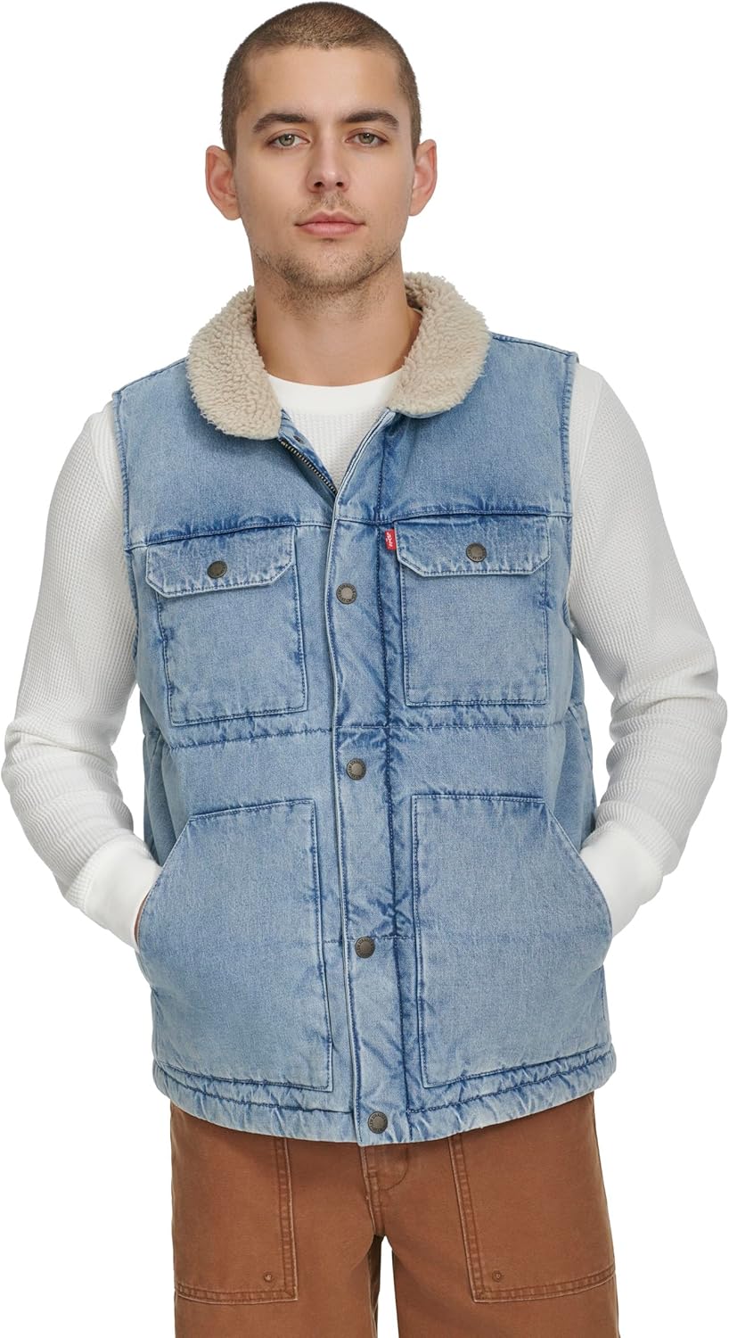 

Мужская стеганая куртка Levi's из комбинированной ткани с воротником на подкладке из шерпы (стандартные размеры, а также размеры для больших и высоких женщин), Light Wash Denim Vest