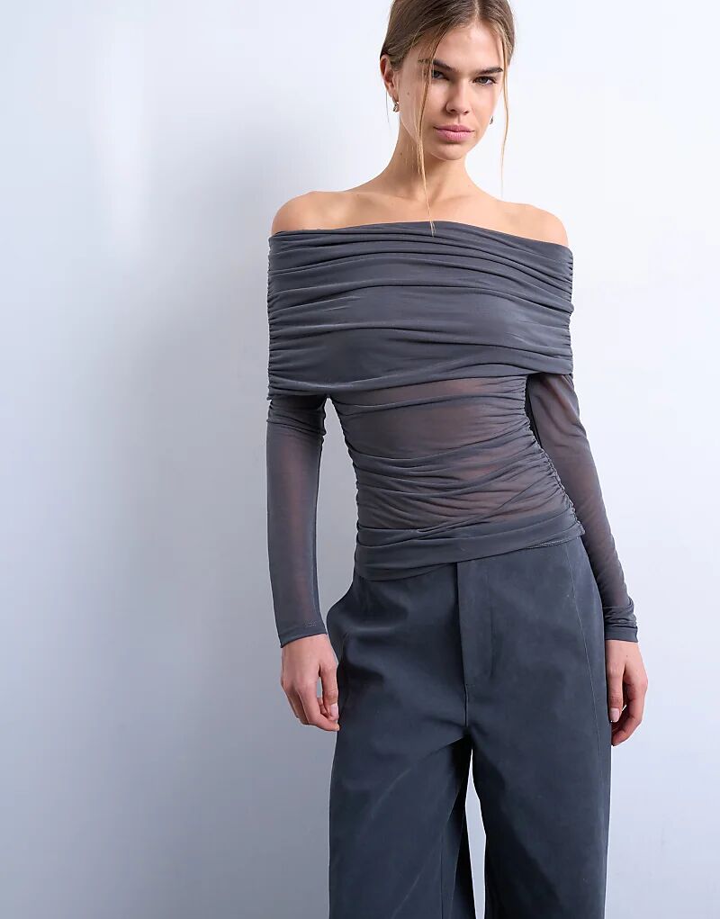 

Лонгслив Topshop с сетчатым лифом и длинными рукавами, с защипами и складками, серый