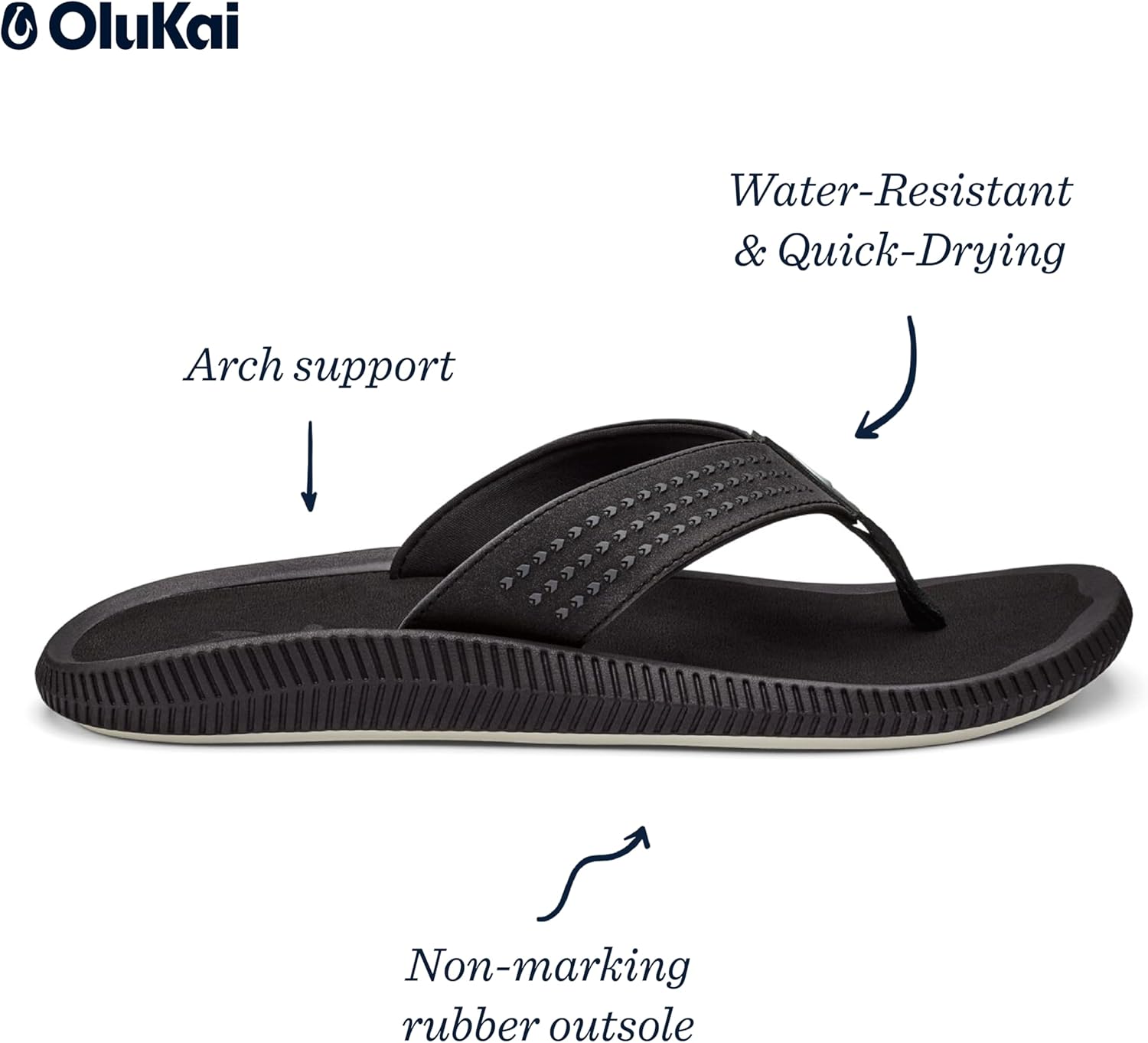 Мужские пляжные сандалии OLUKAI Ulele, водонепроницаемые шлепанцы, поддержка свода стопы и комфортная посадка, легкие и прочные, улучшенное сцепление и устойчивость, черный — фото 4