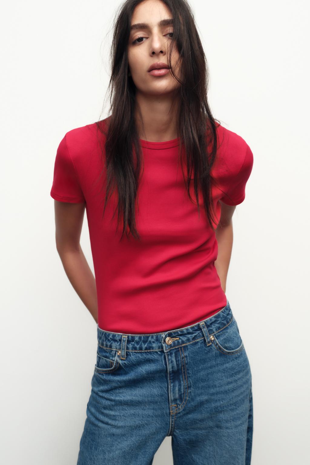 

Футболка в рубчик с коротким рукавом ZARA, цвет Strawberry