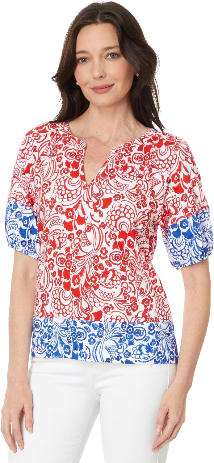 

Топ Tommy Hilfiger Fountain Floral Puff Sleeve Top, цвет Bright White/Scarlet