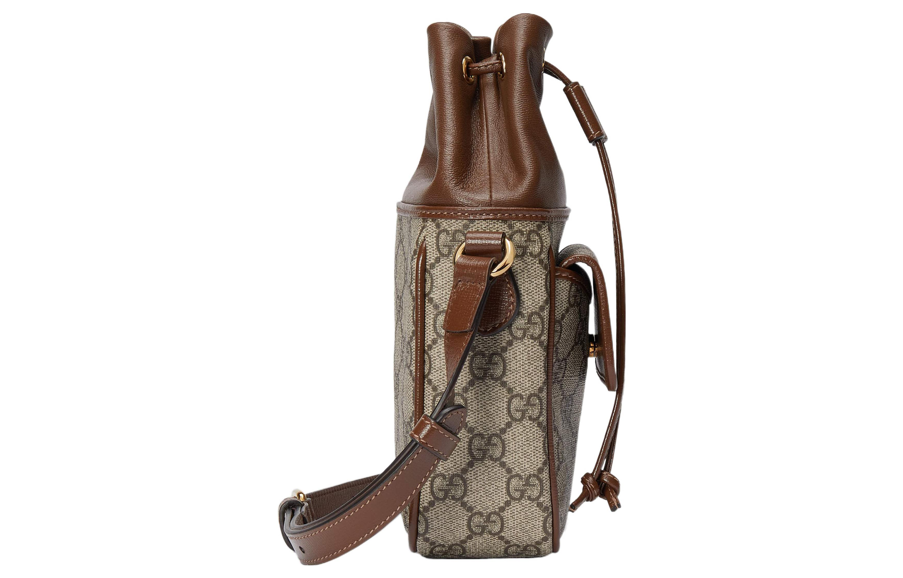 Мини-сумка-ведро GUCCI из канваса с кожаными вставками, коричневая — фото 3