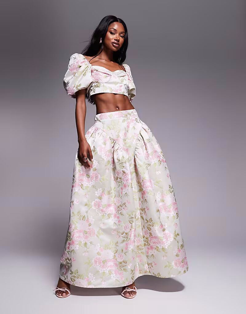 

Юбка макси из жаккарда с бантом сзади и цветочным принтом тюльпанов Asos Luxe