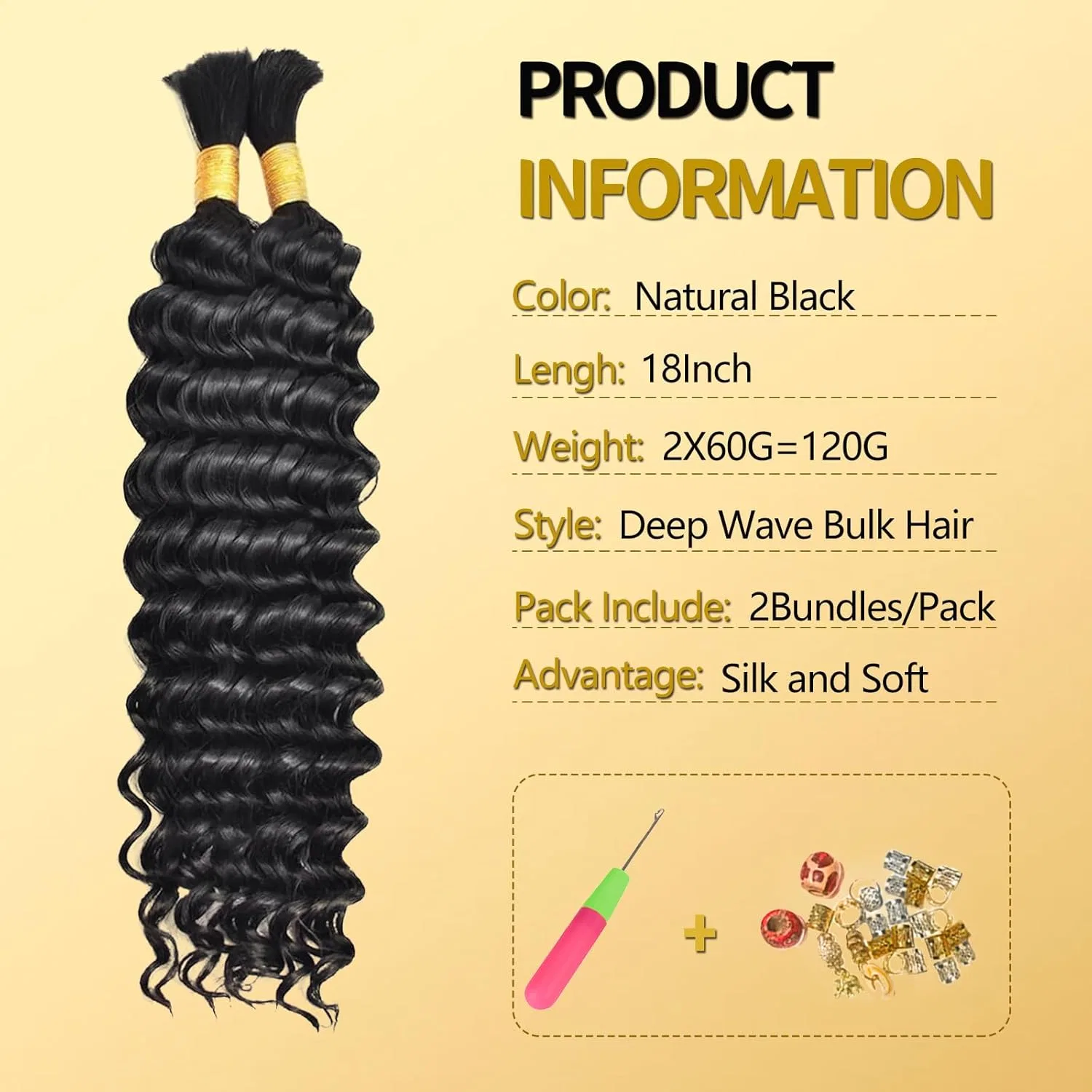 Волнистые пряди для плетения «Deep Wave Bulk Hair» от LPARMJIT, 18 дюймов, 2 пучка Lparmjit, Black — фото 2