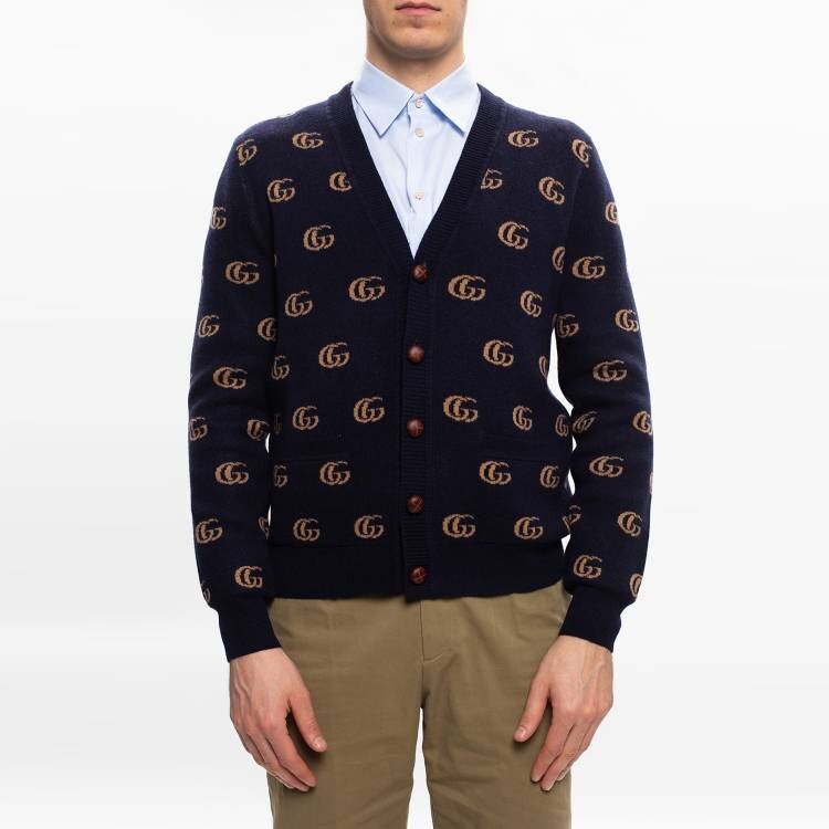 Мужской шерстяной кардиган с жаккардовым узором Double G Gucci, темно-синий — фото 2