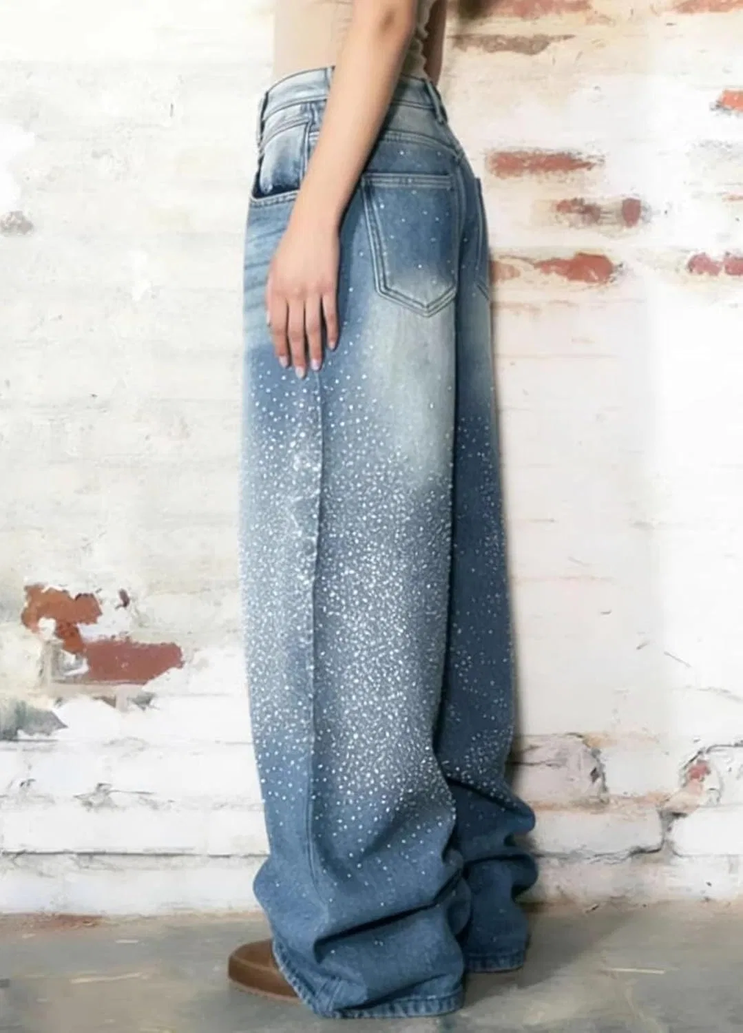 Джинсы Rhinestone, Baggy, High Waisted, Wide Leg, Blue — фото 3