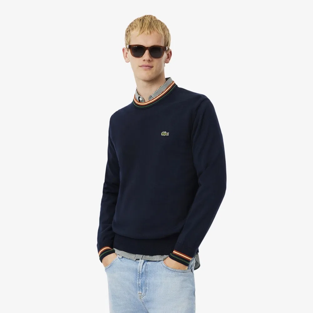 Мужской хлопковый свитер-поло с круглым вырезом тёмно-синий от Lacoste