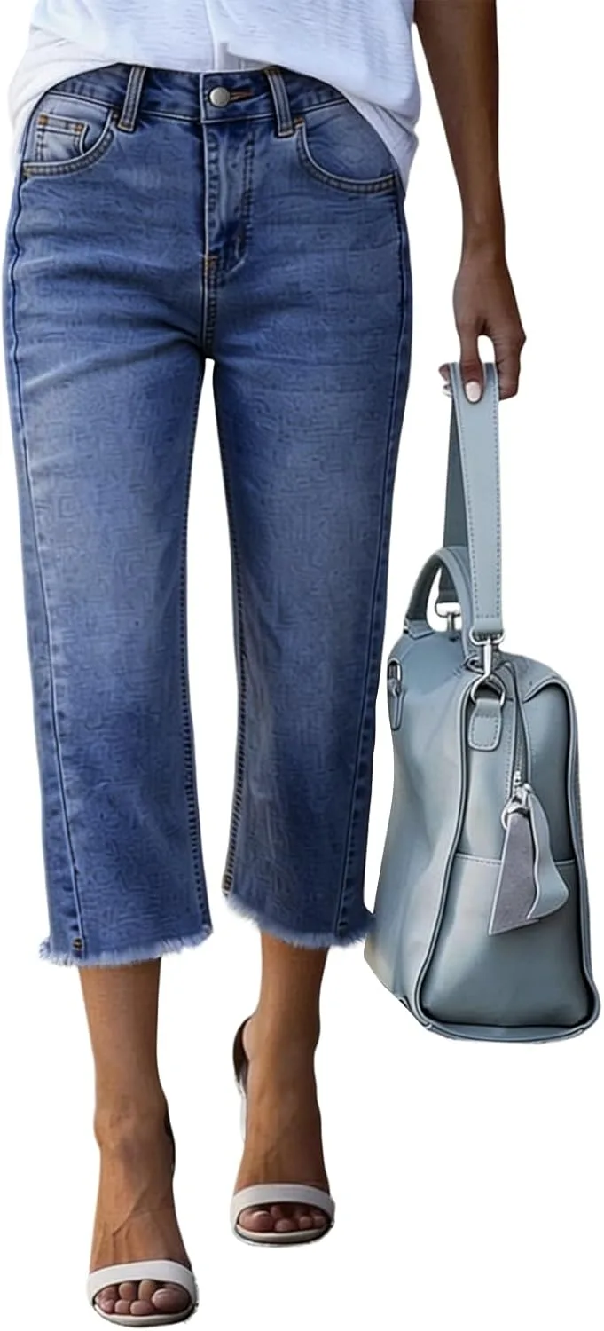 

Джинсы-капри для женщин Stretchy High Waisted Wide Leg с потертостями и Raw Hem