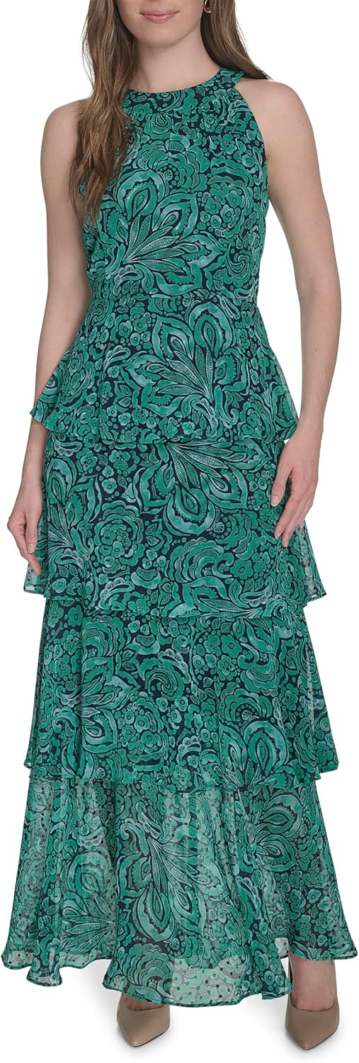 

Женское платье макси без рукавов с халтер-воротом от Tommy Hilfiger, многоуровневое, Parakeet Multi