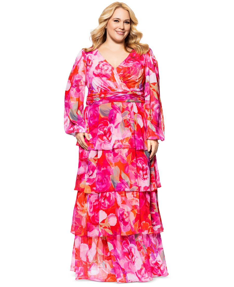 

Шифоновое платье большого размера с принтом, V-образным вырезом и многослойными оборками XSCAPE, Red/Fuchsia