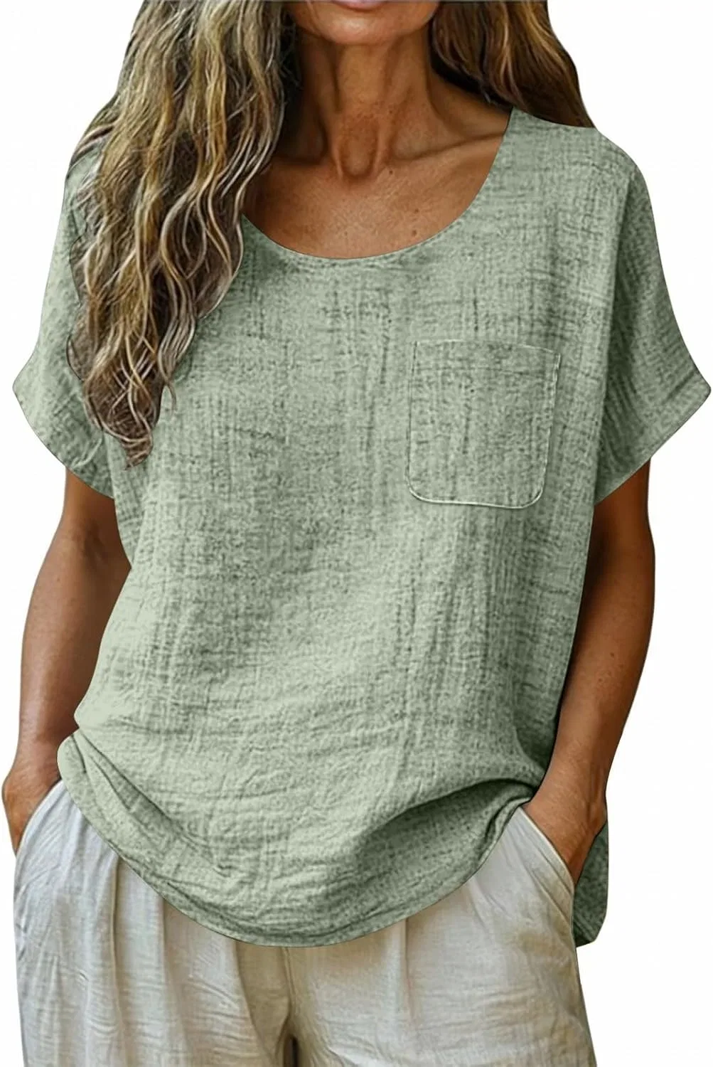 Футболка из хлопка и льна, Casual, короткий рукав, зеленый