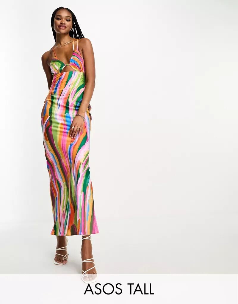 

Атласное платье макси ASOS DESIGN Tall с разноцветным полосатым принтом, вырезами и чашками, Коричневый, Атласное платье макси ASOS DESIGN Tall с разноцветным полосатым принтом, вырезами и чашками