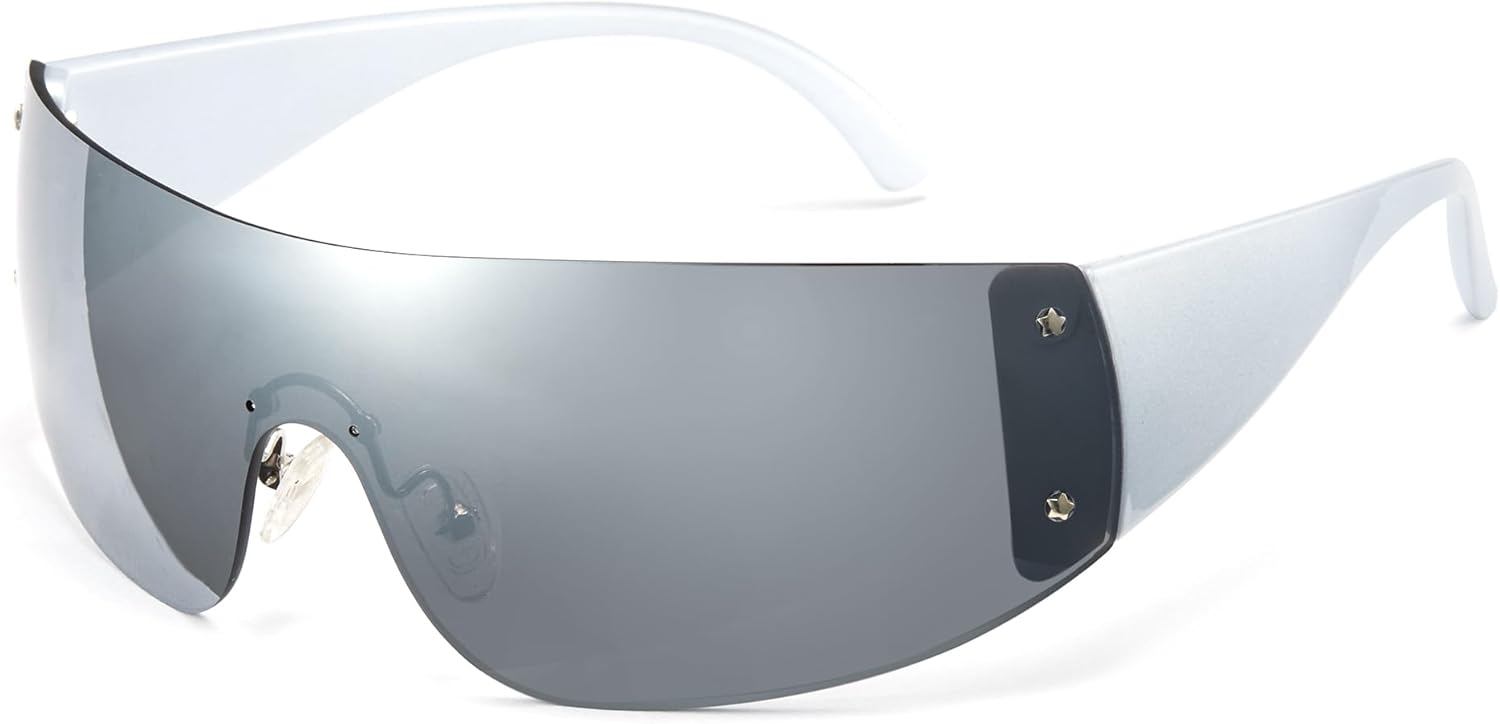 

Солнцезащитные очки Cyxus Y2K, обтекаемая форма, футуристические солнцезащитные очки квадратной формы, модные спортивные очки, стильные солнцезащитные очки большого размера 1093, 02 - Silver Rimless Sunglasses