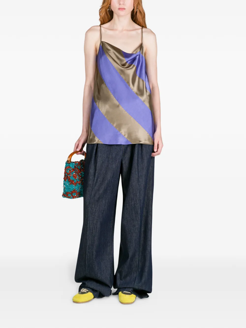 Атласный топ в полоску DRIES VAN NOTEN, коричневый — фото 2