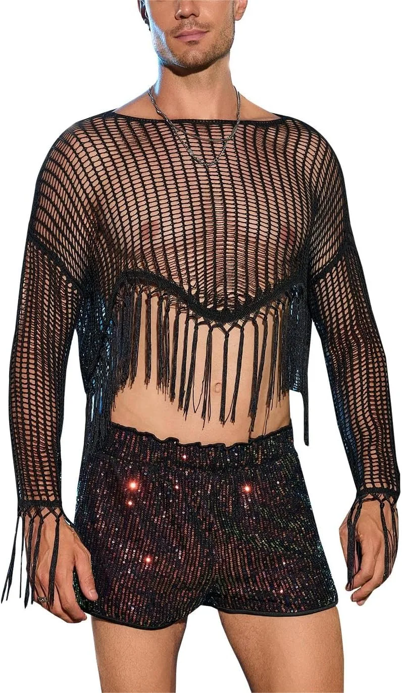 

Мужской свитер WDIRARA с асимметричной бахромой и сеткой