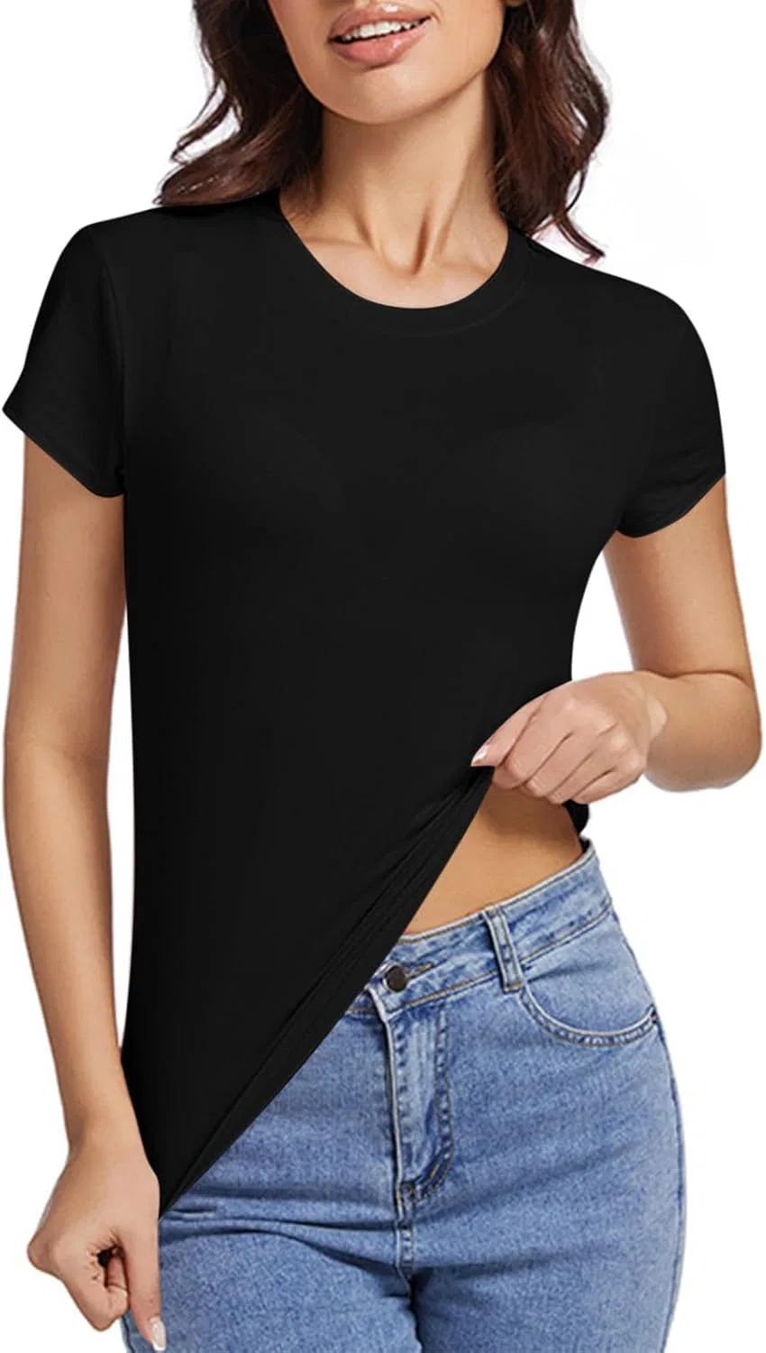 Футболка женская slim fit, короткий рукав, бренд Generic, черный