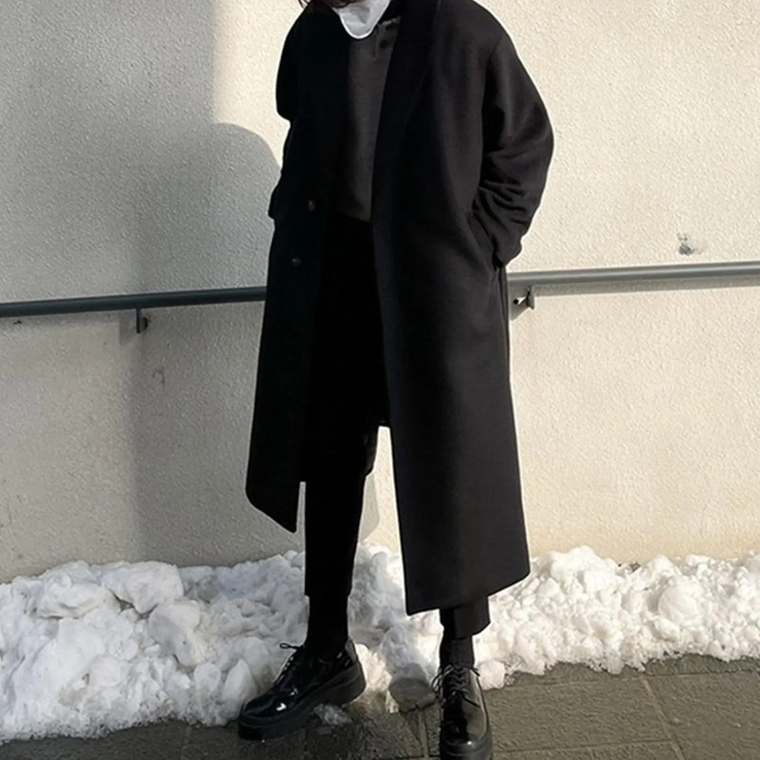 Пальто pea coat для мужчин, тренч с лацканом, двубортное, с поясом, из шерстяной смеси, теплое зимнее пальто Generic, черный — фото 3