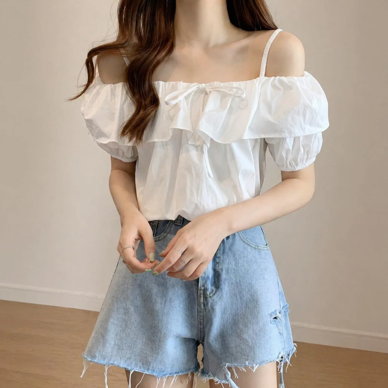 Блуза офф-шолдер с фриллами из коллекции Casual, синий — фото 3