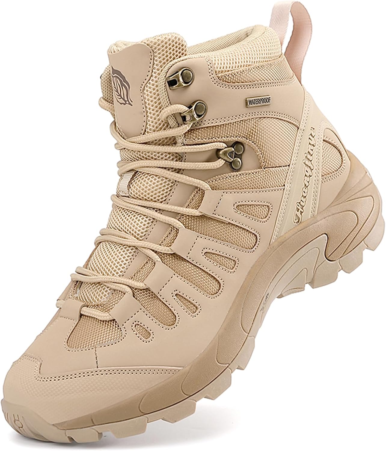 

Мужские кожаные ботинки средней высоты на шнуровке, водонепроницаемые Tengfeifly, бежевый