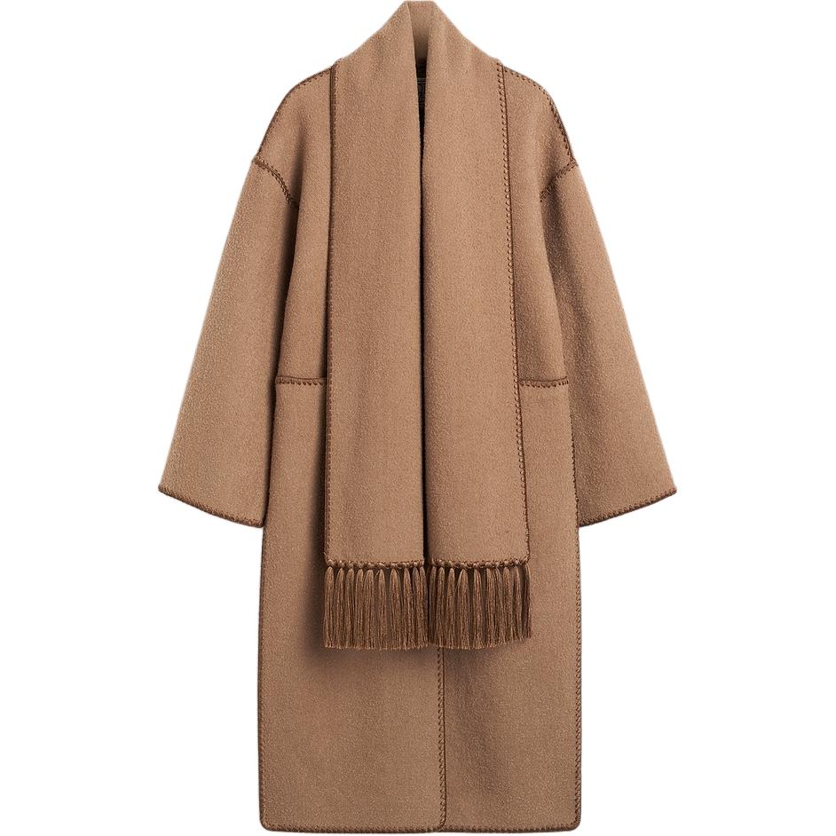 

TOTEME Фринговая удлиненная куртка с длинными рукавами и шарфом, Camel