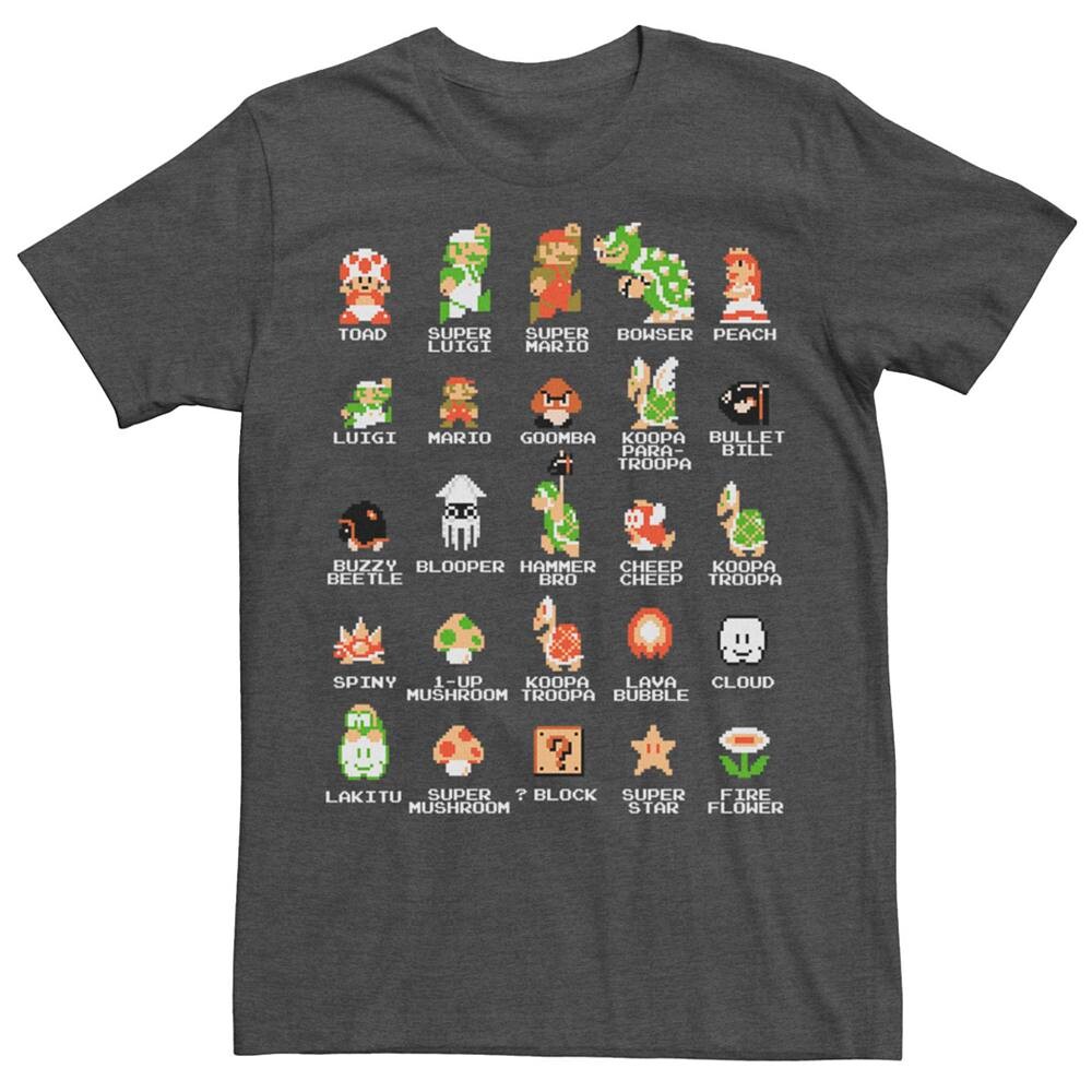 

Мужская футболка с пиксельными персонажами в стиле ретро Nintendo Super Mario Licensed Character, цвет Charcoal Heather