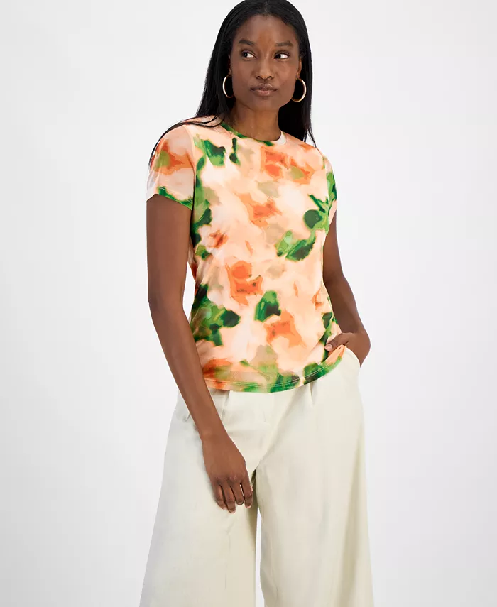 

Женский короткий рукав, топ с водяным принтом из сетки Bar III, коричневый