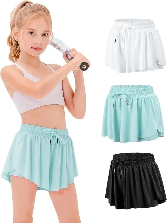 Шорты для девочек Stelle Flow с завышенной талией, 2-в-1, с карманами, White+Light Blue+Black