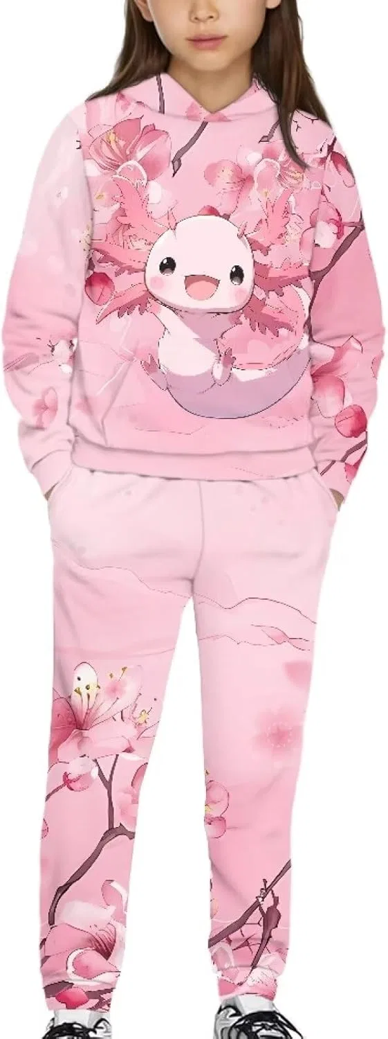 Детский спортивный костюм с принтом, Pink Cherry Blossom Axolotl Patternss