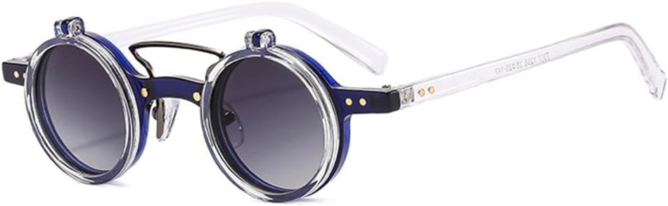 

Популярные модные маленькие круглые панк-солнцезащитные очки с двойной перемычкой для женщин, ретро-очки с откидными линзами, защита от УФ-излучения UV400, мужские солнцезащитные очки с заклепками TYUVIVO, Blue Clear Gray