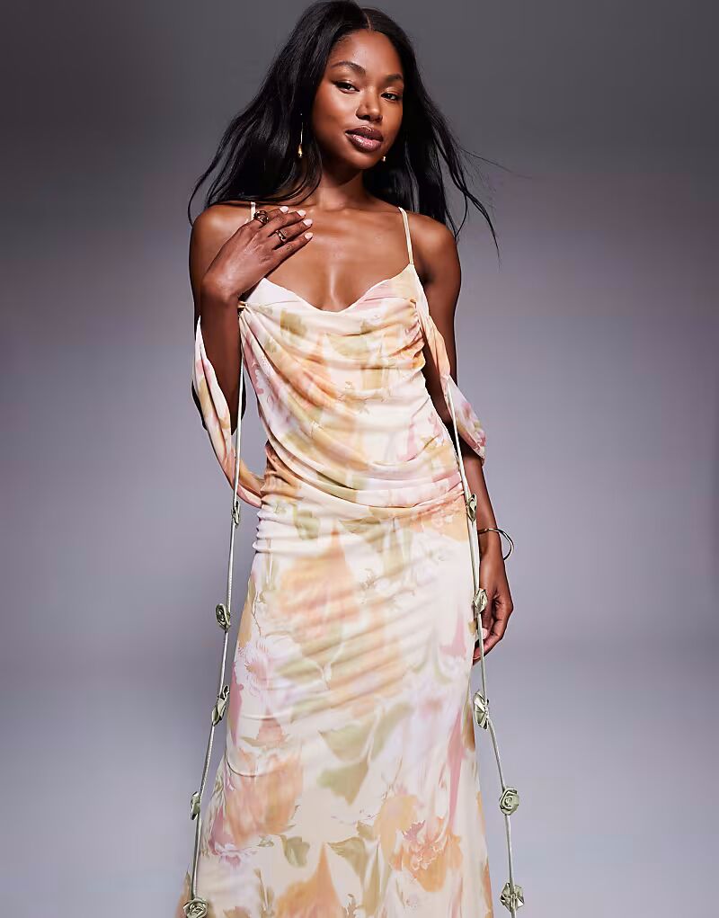 

Платье миди ASOS DESIGN из сетчатой ​​ткани с драпировкой, вырезом бардо, многослойным вырезом и цветочной отделкой с цветочным принтом