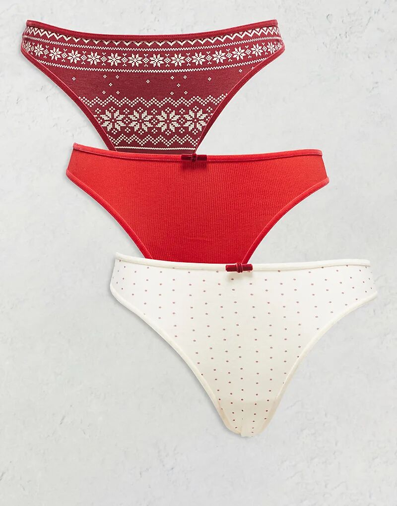 

Комплект из 3 трусиков-стрингов ASOS DESIGN с бордовым принтом «фэйрлайз», красным рубчиком и кремовым горошком с бархатной отделкой
