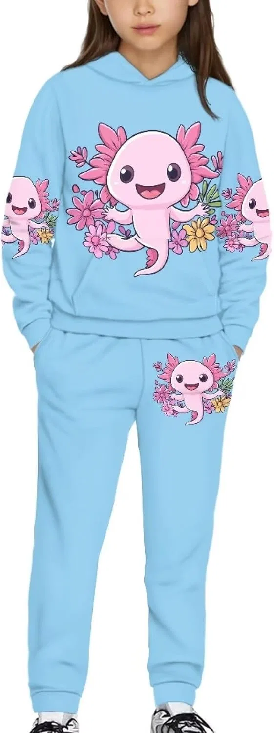 Детский спортивный костюм с капюшоном и джоггерами Uppodwarkid, Blue Axolotl and Floral