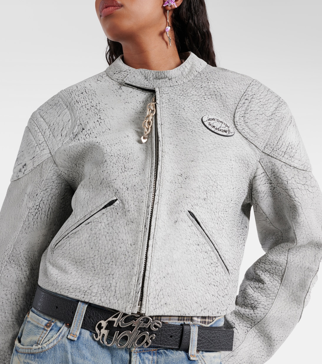 Укороченная кожаная куртка Acne Studios, Grey/Black — фото 4