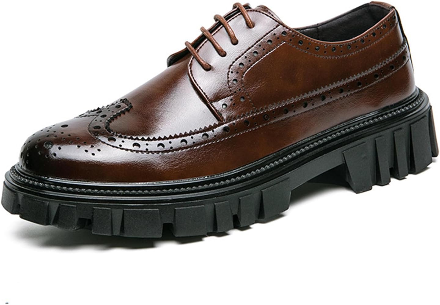 

Мужские мягкие кожаные туфли на шнуровке с высокой платформой, массивным каблуком, винтажным округлым носком, броги-оксфорды, удобные, с нескользящей подошвой, для бизнеса, повседневной и формальной работы Bnwelk, коричневый